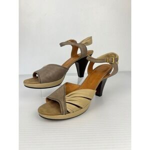 Chie Mihara Two Tone Leather Pleated Heeled Platform‎ Sandals Taupe Spain 40.5